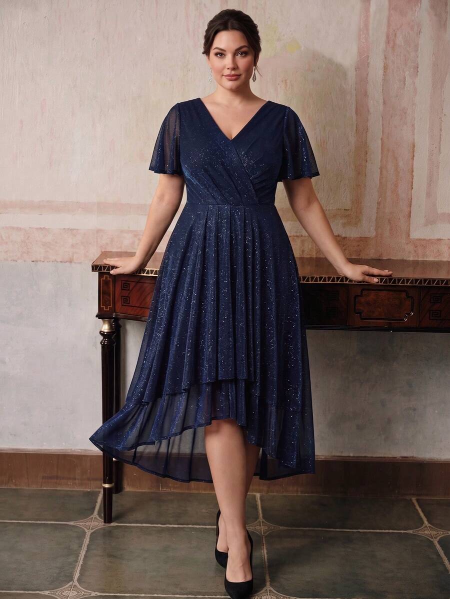 EVERPRETTY Fall Women's Shimmer V-Neck Stretchy Semi Formal Dress Navy Blue Wedding Guest Dress Ruffle Sleeve High-Low A Line Evening Party Dress - Navy Blue - View 1