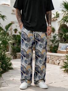 Men's Hawaiian Style Loose Drawstring Wide Leg Pants - Multicolor - View 2