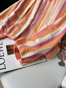 GMFP Women's Multi-Color Vertical Striped Stand Collar Short Zip-Up Jacket, Contrast Color Design Casual Vacation Style Top - Orange - View 11