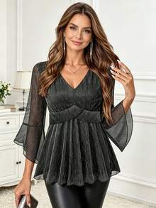CheersLife Women's Shiny Sequin 3/4 Sleeve V-Neck Blouse For Party, Evening, Cocktail - Black - View 1