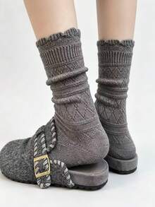 1/4 Pasang Kaos Kaki Wanita Setengah Betis dengan Hiasan Telinga Kayu dan Tekstur Berlian, Kaos Kaki Katun Rajut Kabel Retro, Lembut, Elastis, dan Bernapas, Kaos Kaki Longgar Gaya Kampus Serbaguna dalam Berbagai Warna untuk Musim Gugur/Dingin - MultiWarna - View 7
