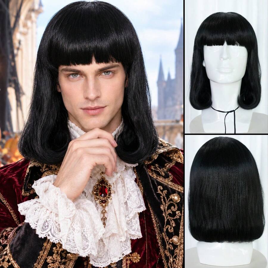 Unisex Black Medium Straight Wig With Full Flat Bangs, Synthetic Hair Costume Wig, Medieval Noble Cosplay Wig For Halloween Carnival Fancy Dress & Themed Event - Multicolor - View 1