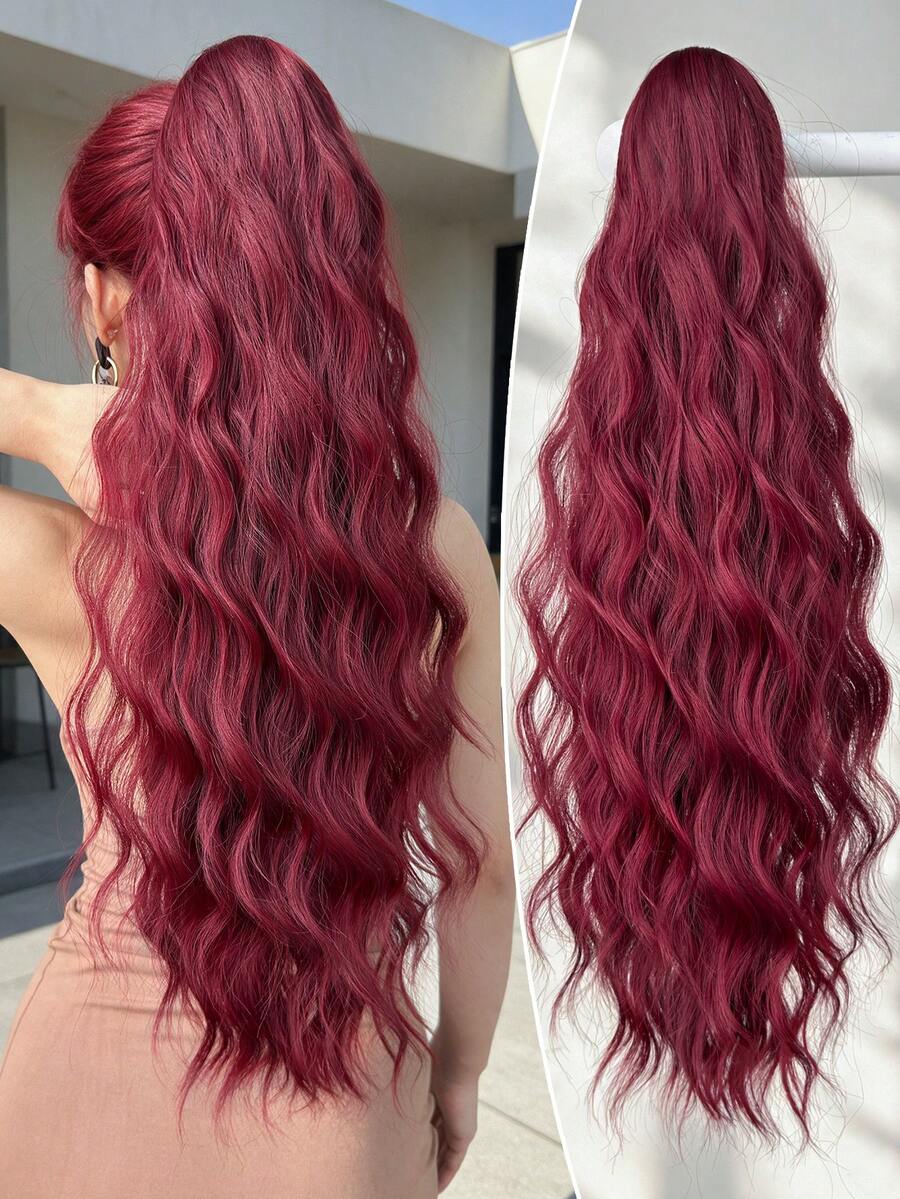 Wine Red Claw Ponytail Extension Hair Accessory 26 Inch Long Elastic Wave Heat-Resistant Fiber Synthetic Ponytail Wig, Suitable For Women's Daily Use, Halloween
