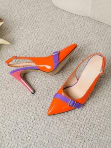 Pointed-Toe Open-Back Stiletto Heels, Color-Blocked Buckle Embellished Fashionable Dress Shoes, Women's Party Evening High Heels. - Orange - View 5