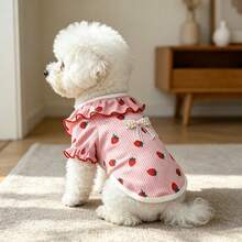 1PC Cute Ruffle Collar Dog T-Shirt With Pearl Bow Decor, Strawberry Heart Cherry Print Ribbed Knit Puppy Short Sleeve Top, Soft Pet Clothes For Small Dogs Bichon Teddy Daily Outfit - Multicolor - View 10
