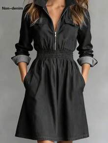 Minimalist Solid Color Long Sleeve Dress For Holiday Strolls, Dates And Outings - Black - View 3