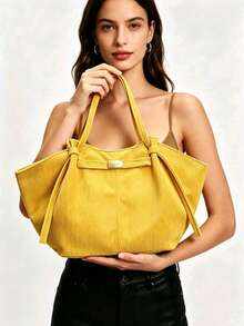 Women's Corduroy Large Capacity Tote Bag, Knot Decor Shoulder Bag Casual Soft Fabric Shopping Handbag For Daily Commute - Yellow - View 3