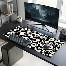 Black Background White Skull And Bone Pattern Gaming Mouse Pad, Anti-Slip Rubber Desktop Mat, Smooth Sliding Surface For PC Laptop Office Home, Gothic Abstract Art Decor, Back To School Supplies - A - View 8