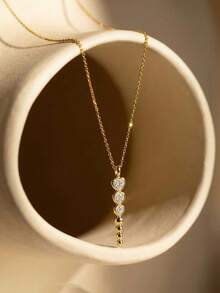 1Pc Gold Tone Layered Heart Zirconia Pendant Necklace, Dainty Chain Y-Shape Necklace, Minimalist Stackable Neck Jewelry For Women Daily Party Gift - Gold - View 4