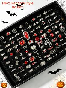 10/20pcs/Set Cincin Unisex Gaya Punk Gothic Vintage Halloween, Desain Mata Besar dan Bentuk Hati, Hadiah Pesta Liburan, Aksesori Pemakaian Sehari-hari untuk Teman - Cincin Halloween Merah Kupu-Kupu Mawar Gaya Punk - View 11