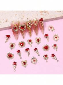 30pcs 3D Nail Art Decorations, Suitable For Nail Art, 3D Decoration Set, Gold Base Rivets, Colorful Red Heart Nail Rhinestones And Crystals, Suitable For Acrylic Nails, DIY Nail Gems, Nail Art Supplies Nail Art Accessories - Multicolor - View 5