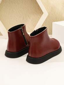 Girls' Burgundy Bow Decor Ankle Boots With Side Zipper, Thick Sole, Round Toe, Versatile Autumn/Winter Children's Shoes - Red - View 2