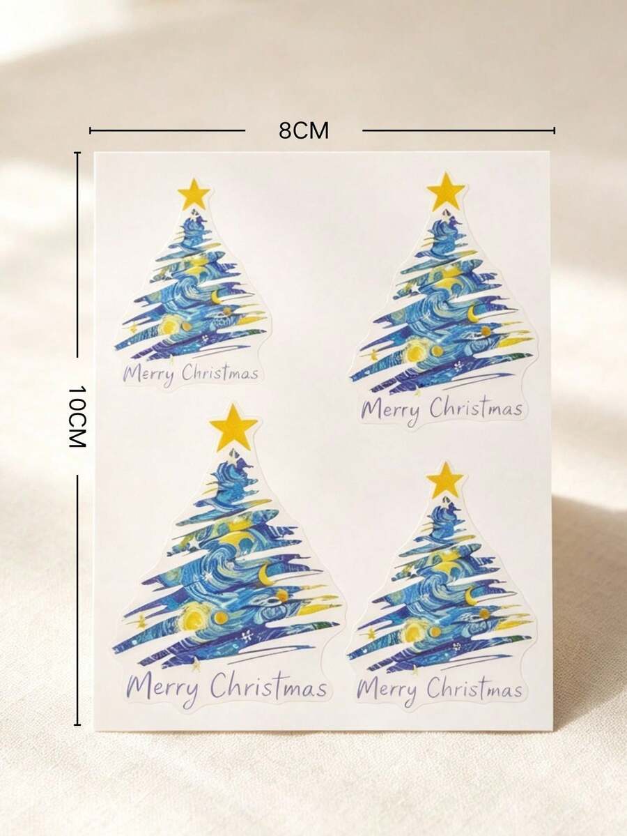 1Set Stickers Aesthetic, Journaling Supplies, Starry Night Oil Painting Christmas Tree Decorative Sticker, Impressionist Art Pattern, For Surface And Gift Ornament Decoration - Starry Night Christmas Tree - View 1