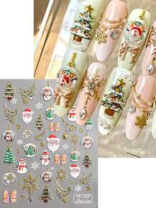 2pcs/Pack 5D Christmas Nail Stickers, Self-Adhesive Embossed Decals With Christmas Snowball, Christmas Tree, Wreath And Colorful Gemstone Patterns, Cute Winter Holiday Nail Art Decoration, Suitable For DIY And Nail Salon Use - Multicolor - View 7