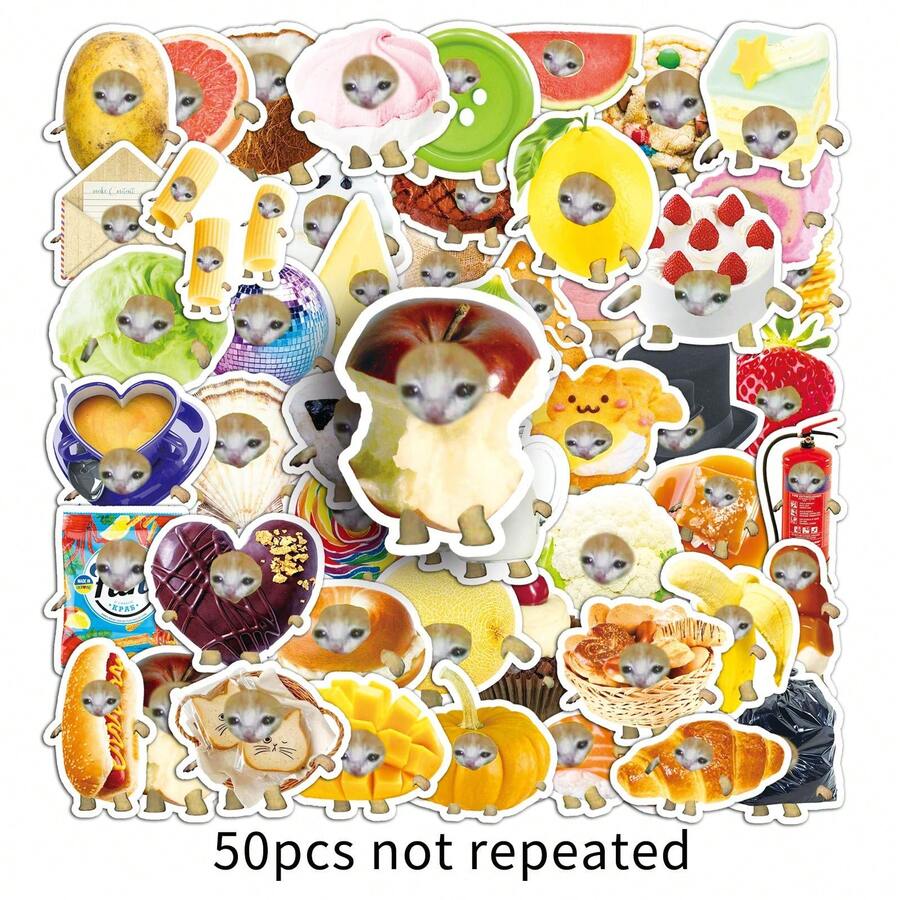 50Pcs Funny Cat Head Stickers - Stationery Graffiti Stickers, Decals For Party, Water Bottle, Scrapbook, Laptop, Skateboard, Computer, Gift Bags, Envelope Seals, Office Supplies, For Teens Fans - Funny Cat Head Stickers - View 1