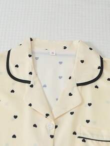 2pcs Women's Comfortable Heart Print Short Sleeve Collared Top And Bow Shorts Pajama Set - Apricot - View 3