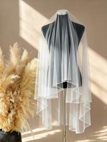 Handmade Beaded Wavy Lace Double Layer Veil, Simple Ethereal Bridal Wedding Styling Veil - Multicolor - View 6