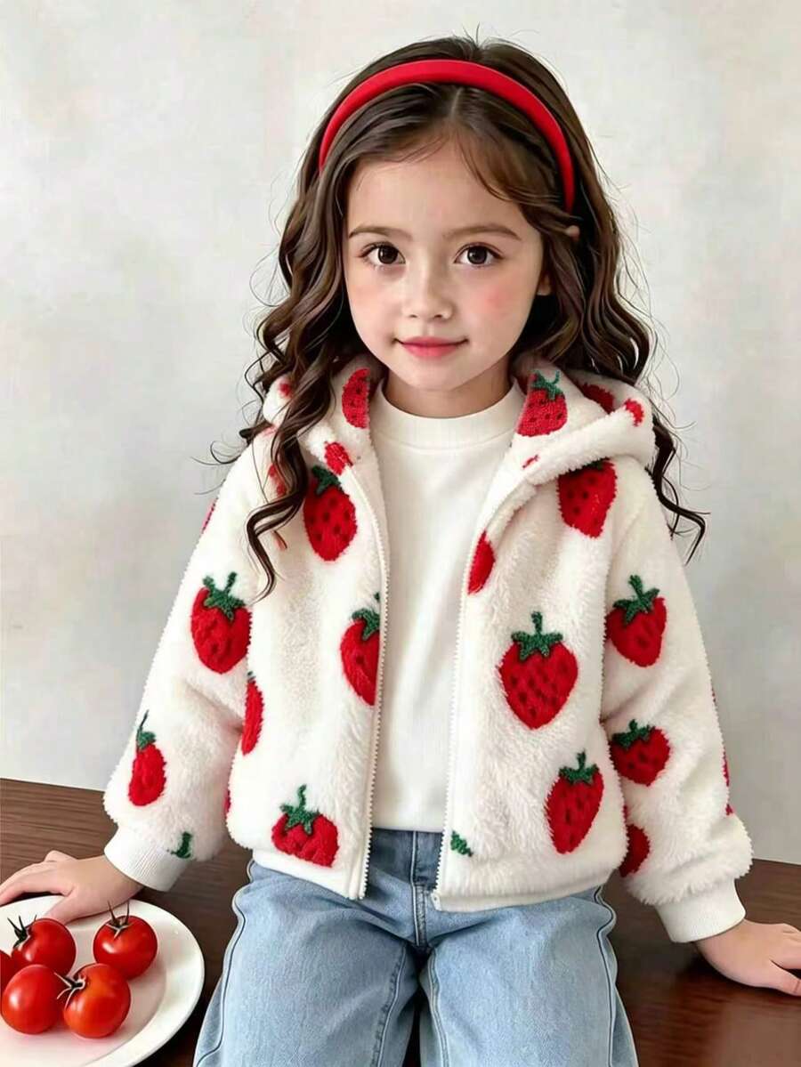Young Girls Sweet Strawberry All-Over Print Hooded Thermal Zip-Up Jacket, Suitable For Daily Casual, School, Outdoor, Versatile Inner Layer - Multicolor - View 1