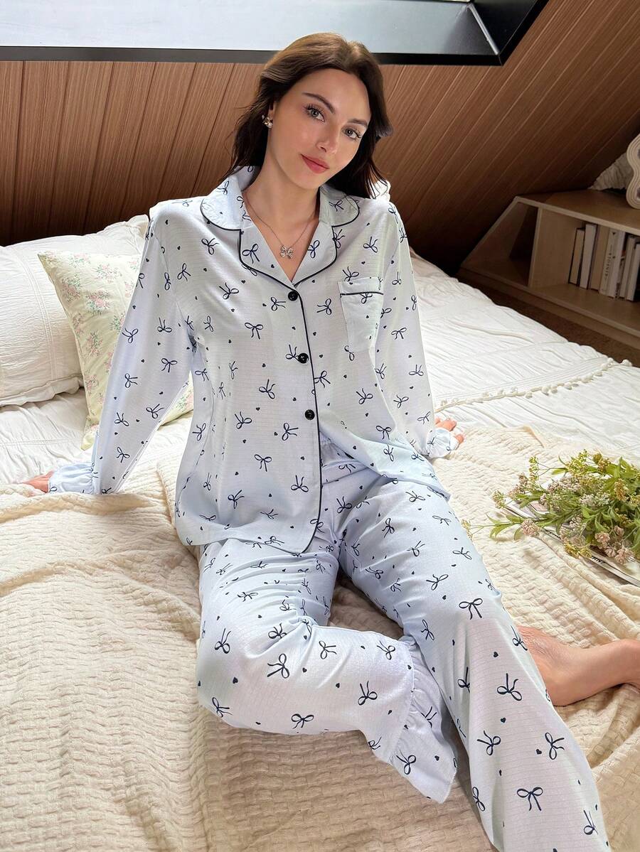 Sweet Light Blue Bow Print Woven Pajama Set, Lantern Sleeve Button-Down Top & Pants Women Fall Winter Sleepwear - Baby Blue - View 1