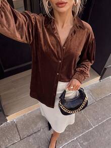 Plus Size Brown Velvet Button Shirt With Lantern Sleeves, Women's Autumn Wear - Brown - View 6