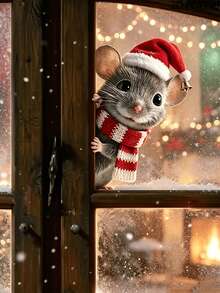 1pc Christmas Hat Scarf Peeking Mouse Window Sticker, Winter Fun Animal Glass Window Decal, Living Room Window Christmas Atmosphere Decorative Sticker - Multicolor - View 2