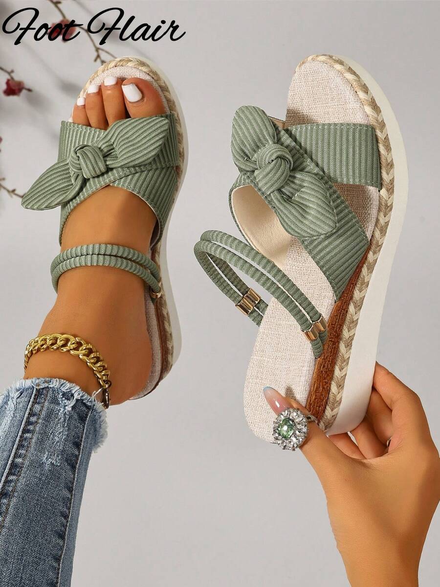 Foot Flair Women's Green Wedge Platform Open Toe Sandals, Bohemian Style Versatile Plus Size Summer Beach Vacation - Green - View 1