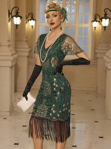 1920年代 Flapper 女裝洋裝，大亨小傳風格女款流蘇洋裝，咆哮20年代哈林之夜角色扮演服裝 - 綠色 - 查看 4