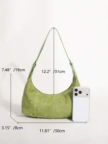 1pc Green Premium Fashion Suede Texture Crescent Bag, Double-Sided Rivet Decor, Underarm Bag, Suitable For Daily Commute, Shopping, Dating - Green - View 2