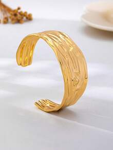 3pcs/1pc Set Minimalist Gold-Tone Asymmetric Geometric Pattern Thick Textured Bangle Set, Suitable For Women, Chunky Smooth Matte Metal And Zinc Alloy Material - Yellow Gold - View 7