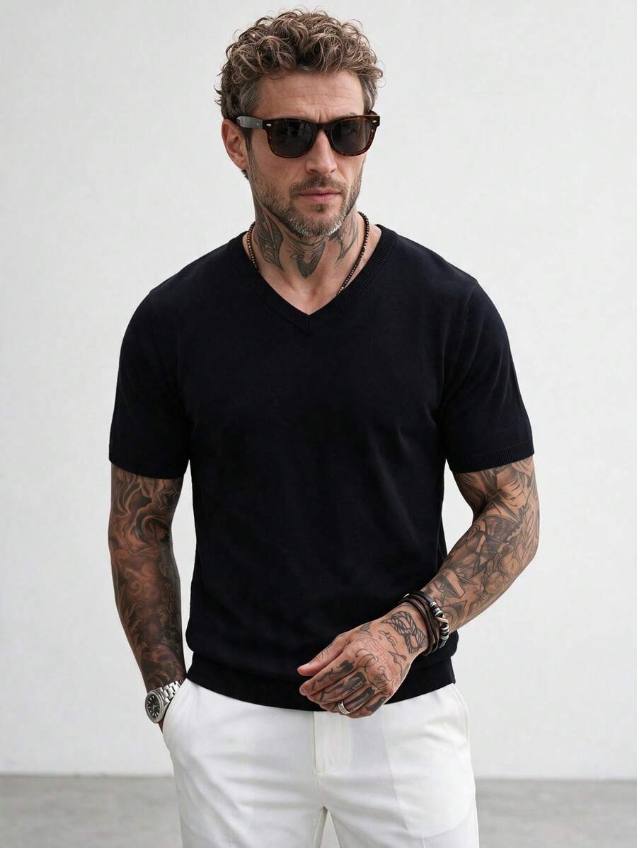Men's Solid Color V-Neck Short Sleeve Knit Sweater, Simple Commuter Thin Pullover Top, Business Casual Short Sleeve T-Shirt, Spring/Autumn - Black - View 1