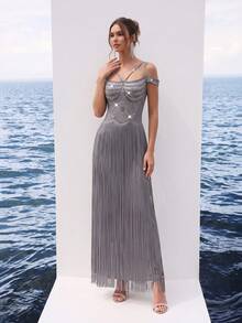 FEELAIR New Cold Shoulder Spaghetti Strap Heavy Rhinestone Tassel Long Dress, Grey Slim Fit Evening Gown, Suitable For Party, Banquet And Formal Occasions - Gray Blue - View 5
