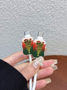 3pcs Set Wavy Pattern Charger Cable Protector UV Printed Christmas Elements Candy Cane/Bow/Christmas Tree/Snowflake/Snowy Scene/Gift Box Pattern Suitable For UK Standard 20W Apple Charger Protective Cover, Transparent Shatterproof Cover, Protects Phone, 3-Prong Charger, Charging Accessories, Cable Protector Cover - Multicolor - View 5