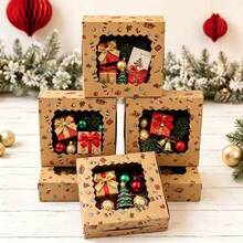 6 Pack Christmas Kraft Gift Boxes With Scalloped Clear Window, Vintage Xmas Pattern Printed Holiday Favor Boxes, Sturdy Decorative Paper Gift Containers, Perfect For Christmas Presents & Holiday Party Favors - Multicolor - View 7