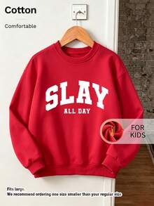 Kids Crew Neck Sweatshirt, Slay All Day Letter Graphic Print Fleece Lined Thick Pullover For Kids - Red - View 9