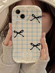 1pc White Dopamine Wave Ruffle Soft TPU Texture Phone Case Compatible With Apple 18 Pro Max/17 Pro Max 17 Air 17 Pro 17 16 Pro Max 16 Plus 16 Pro 16 15 Pro Max 15 Plus 15 Pro 15 14 Pro Max 14 Plus 14 Pro 14 13 Pro Max 13 Pro 13 12 Pro Max 12 Pro 11 Pro Max 11 Pro 11 XS Max XR X/XS 7 Plus 8 Plus/Galaxy S21 S22 S23 S24 S25 S26/Honor/ Creative Blue Plaid Black Three Bows Pattern - White - View 2