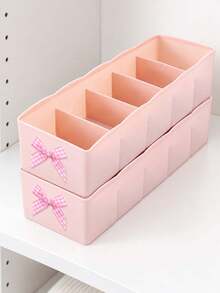 5 Grid Cosmetic Storage Box With Plaid Bow,Desktop Makeup Organizer,Sock Storage Box,Stackable Underwear Organizer Box,Plastic Divided Holder For Lipstick Eyeshadow Vanity Table,For Home Wardrobe Bathroom Desktop Storage,Housewarming Gift - Multicolor - View 3