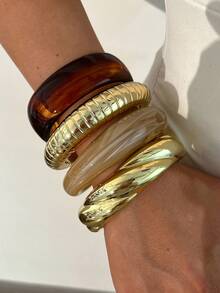 4pcs/Set Stackable Fashion Minimalist Elegant Exquisite Vintage Design Brown Resin Asymmetrical Marbled Pattern Geometric Ribbon Textured CCB Metal Style Chunky Oversized Bangles Set, Holiday Vacation Party Date Gift, Daily Commute Wear, Personalized - Multicolor - View 3