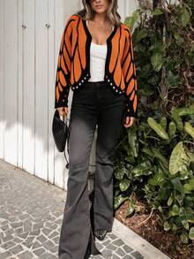 Women's Butterfly Print Cardigan Collar Long Sleeve Polyester Regular Length Coat, A Stylish Choice For Fall And Everyday Wear. - Orange - View 4