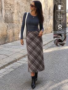 EARO Women's Plaid Long Pencil Skirt, Fashionable And Elegant, Versatile For Daily Wear - Brown - View 2