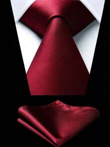 2pcs/Set Men's 8cm Burgundy Ribbed Tie & Pocket Square Set, Groom Tie Set For Wedding, Party, Business, Banquet, Holiday - Burgundy - View 2