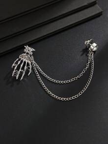 1pc Gothic Skull Palm Chain Brooch, Vintage Silver Tassel Chain Pin, Dark Personalized Decorative Accessory For Suit Jacket - White K - View 4
