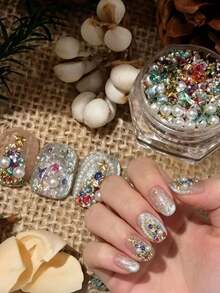 1box/2boxes Fall Autumn Christmas Random Mixed Christmas Style Colorful Pointed Rhinestone Nail Art Accessories, Colorful Rhinestones + White Pearls Combination, Sparkling 3D, Create Autumn/Winter Christmas Atmosphere Nails, Exquisite And Versatile Nail Decoration - Multicolor - View 1