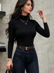 DONICY Women's Top, Solid Color Long Sleeve Top, Black Vertical Stripe Slim Fit, Minimalist Basic Commuter Style,Fall Winter - Black - View 1