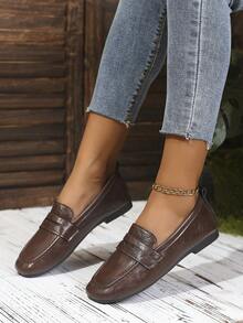 Women's Daily Commute Preppy Style Flexible Square Toe Flat Loafers - Brown - View 5