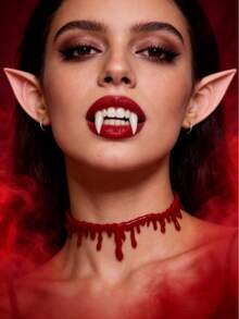 3pcs Halloween Vampire Cosplay Accessories Costume Set, Elf Ears, Blood Drip Collar, Vampire Fangs, Gothic Style Makeup Party Costume Props - Multicolor - View 3