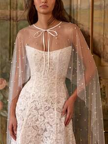 Pearl Beaded Long Tulle Cape, Tie Neck Sheer Mesh Shawl, Bridal Wedding Dress Overlay - Multicolor - View 3