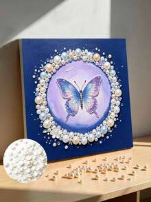 A Set Of Handmade Pearl Painting With A Frame, Featuring A Purple Butterfly Design. The Set Includes All The Handmade Tools And A Frame. It Is The Perfect Gift For Birthdays And Holidays. - A - View 1