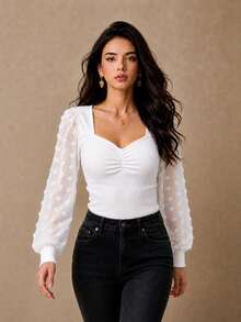 Women's Fashion Sweetheart Neck Bishop Sleeve Top, Elegant Ribbed Knit - White - View 8