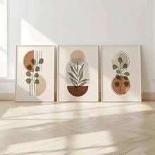 3Pcs Mid Century Modern Canvas Wall Art, Earth Tone Abstract Geometric Botanical Prints, Boho Terracotta Green Plant Poster For Living Room Bedroom, Home Decoration, Posters & Prints, Frameless - 368 - View 8