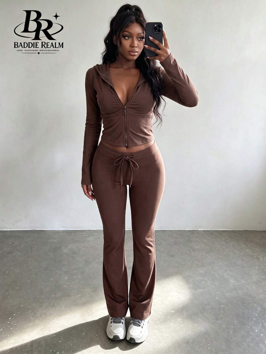 BADDIE REALM Women 2pcs Set Front Zipper Elastic Daily Basic Zip-Up Hoodie And Flare Pants - Grey - View 1